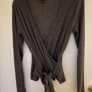Express Ribbed Wrap Tie-Front V-Neck Sweater - Charcoal Gray